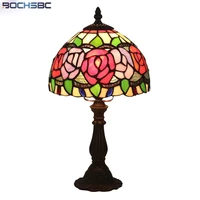 bochsbc tiffany style table lamp red rose stained glass lampshade desk light alloy lotus frame handcraft arts luxury home decor