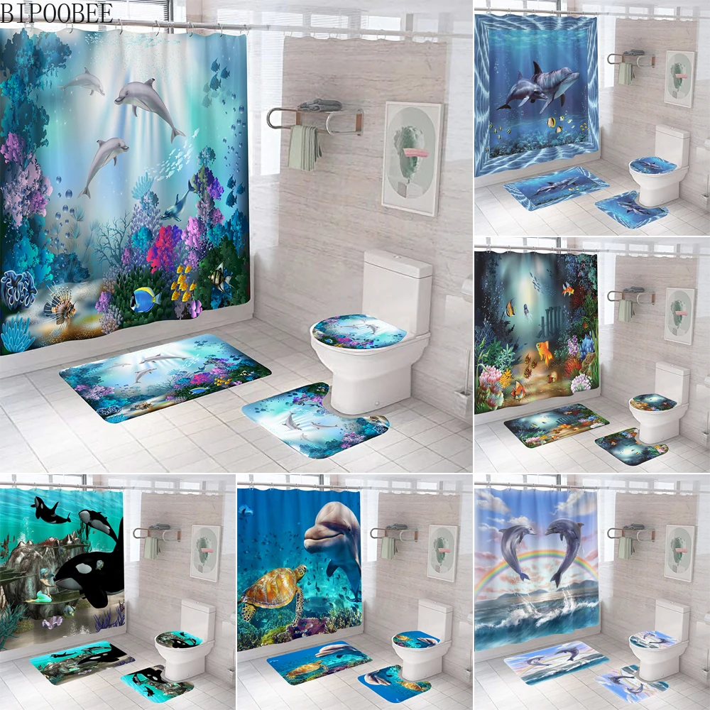 

3D Ocean Dolphin Bathroom Shower Curtain and Rug Sets Toilet Lid Cover Underwater World Landscape Bath Curtains with Hooks