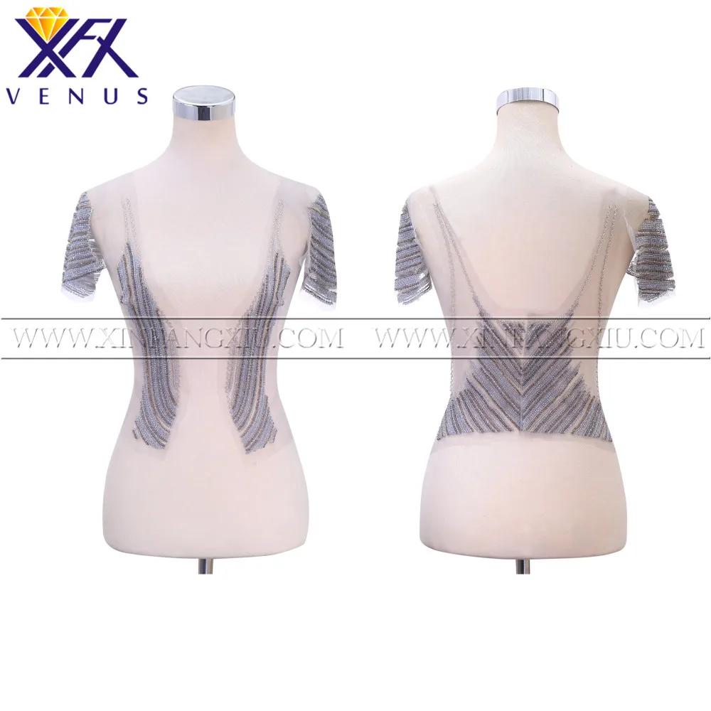 

XFX VENUS 1 Set Rhinestones applique Large bodice front&back patches with sleeves trimming motif for women Dress Fabric garment