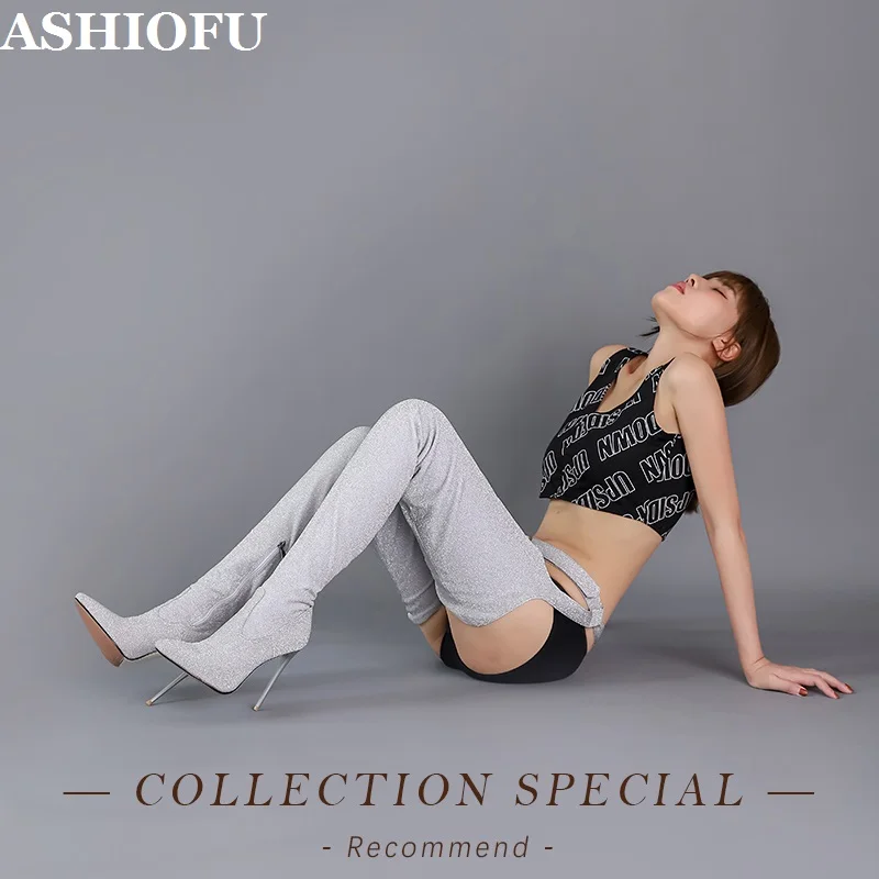 

ASHIOFU/Лидер продаж 2020 года; Настоящие фотографии; Женские Сапоги выше колена; Блестящие серебряные модные высокие сапоги для танцев на шесте; ...