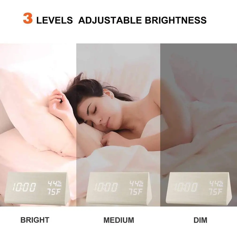 

Humidity and Temperature Alarm Clock Triangle Digital Baby Room Wood Clock Mute Luminous LED Electronic Gift