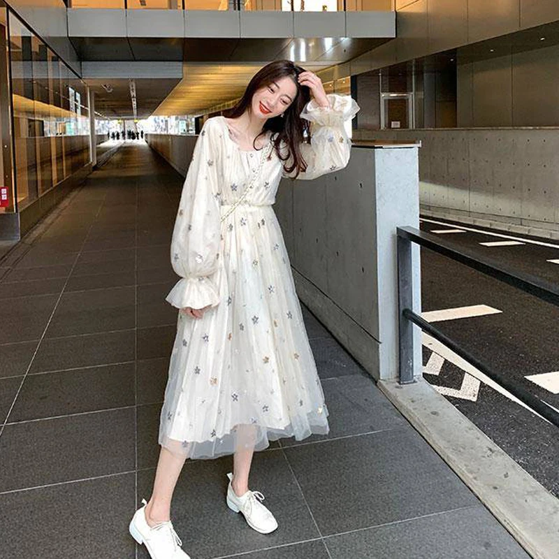

Sleeve Party Dress Female A-line High Waist Vestido 2020 Spring Women Star Square Collar Dress Lady Butterfly