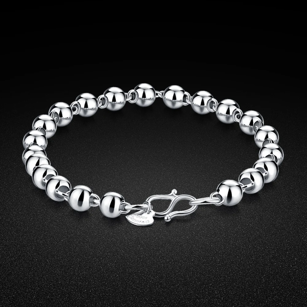 

Женский браслет из стерлингового серебра 925 пробы с цепочкой из бисера 5-6-8 мм, Классический блестящий браслет из стерлингового серебра, прос...