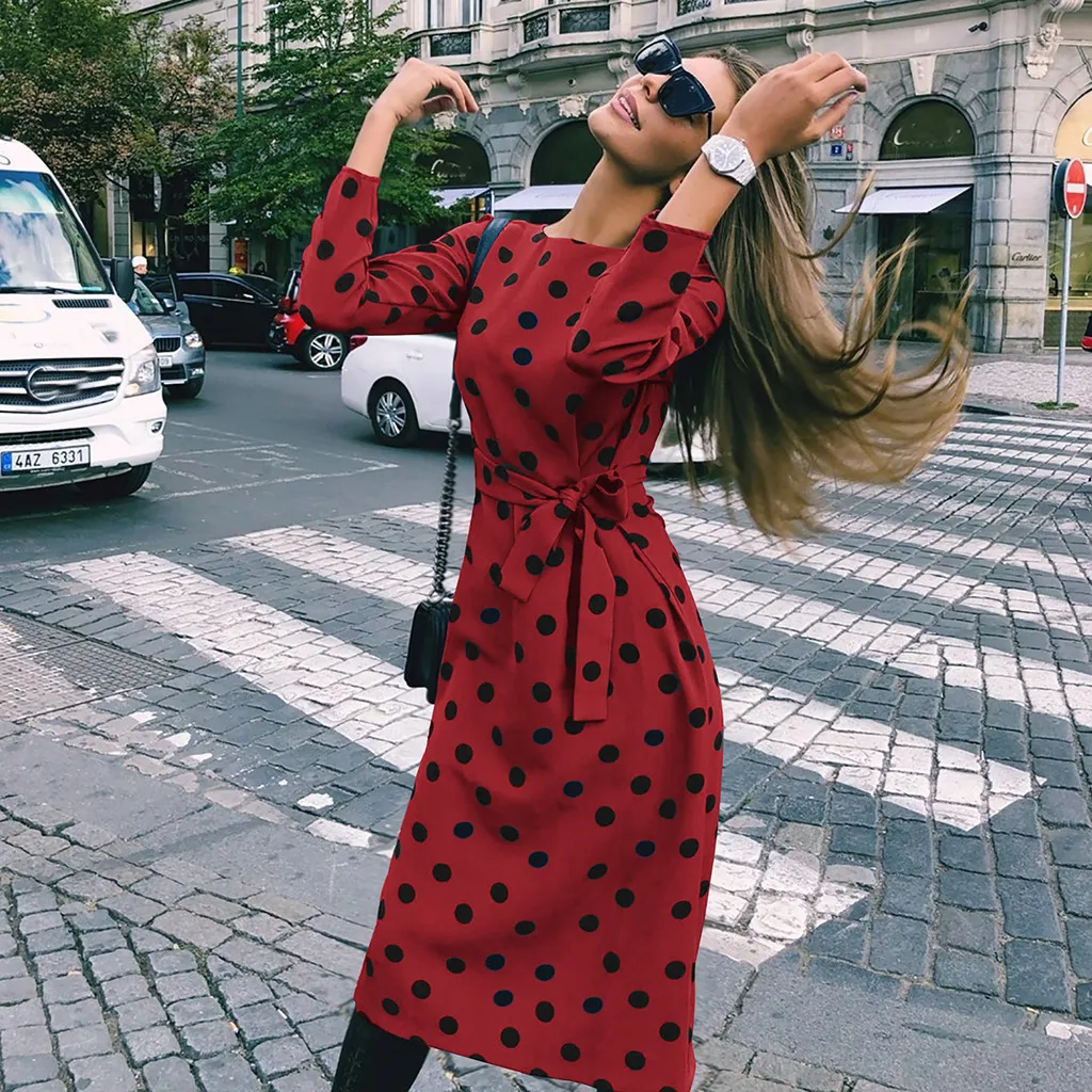 2019 осеннее платье женское элегантное Подпоясанный с длинным рукавом Женские