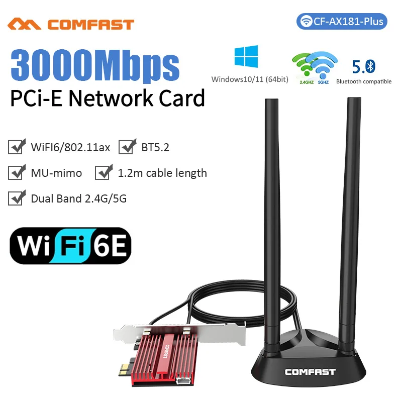 

Dual Band 3000Mbps WiFi6 Intel AX200 PCIe Wireless Wifi Adapter 2.4G/5Ghz 802.11ac/AX Bluetooth AX210NGW 6G Wi-Fi 6E Card For PC