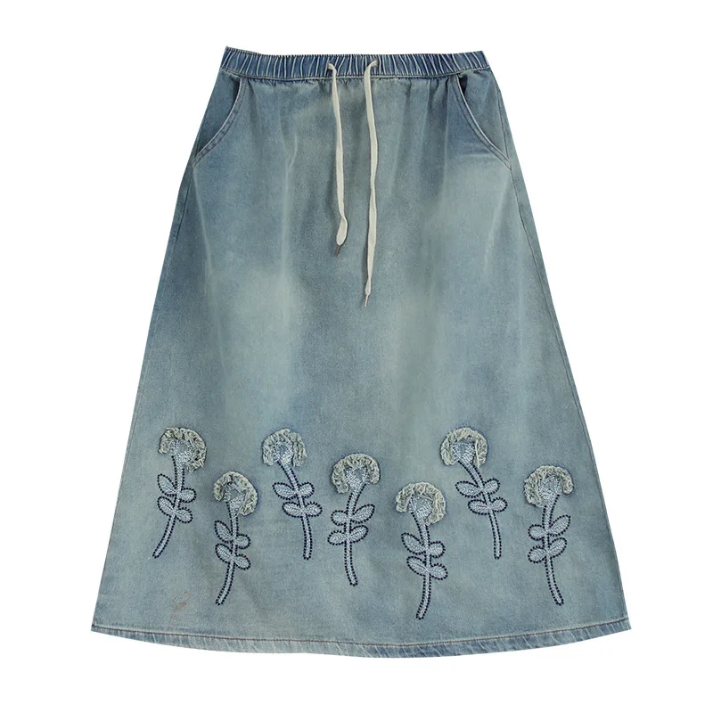 

Spring Casual Denim Skirts Women Korean Style High Waist Embroidery Art Long Skirts Femme Oversized Jeans Skirts Mujer Faldas