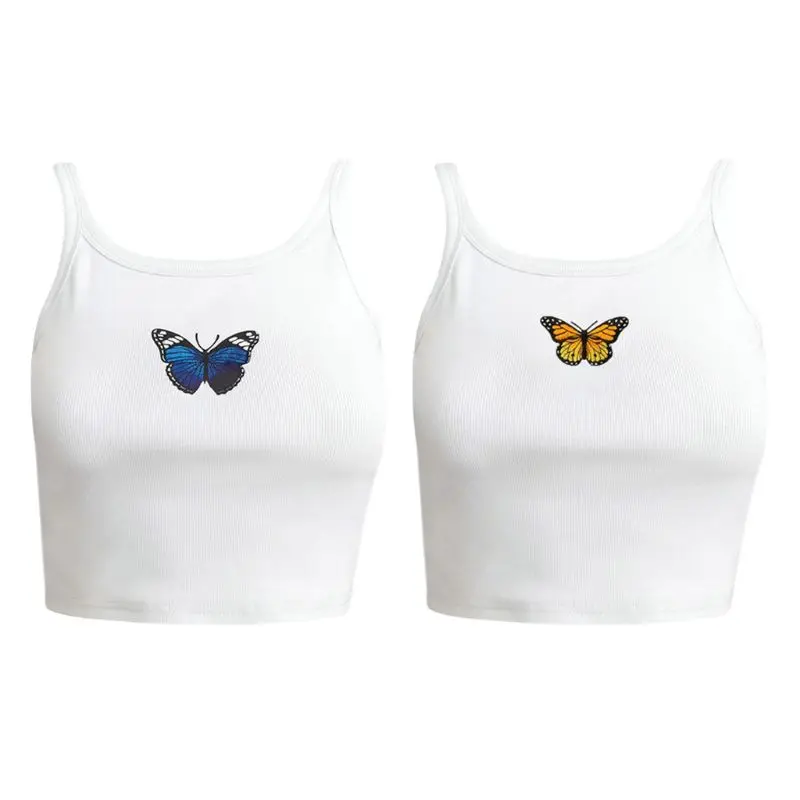 

Women Sexy Halter Crop Top Butterflies Print Sleeveless Ribbed Short Slim Vest