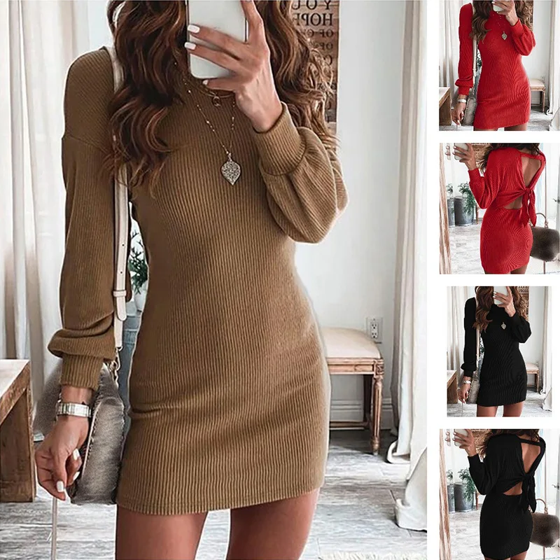 

Women O-Neck Knitted Dress 2022 Autumn Winter Solid Long Sleeve Casual Elegant Mini Sweater Dress Sexy Back Hollow Party Dresses