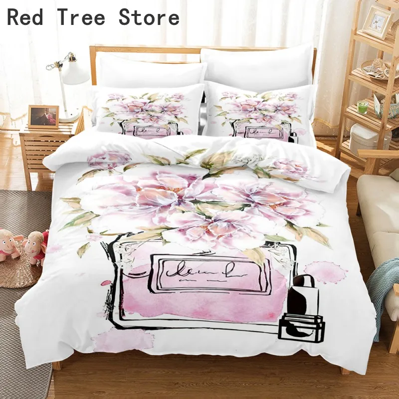 

Luxury Perfume Bottle and Rose Flower Bedding Sets Queen King Single Double Bedclothes Valentine's Day Gift Room Decor Textiles