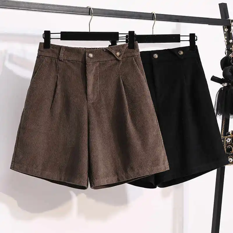 

5XL Plus Size Corduroy Shorts Women Vintage Loose High Waist Wide Leg Straight Shorts Harajuku Style Casual Short Trousers C7955