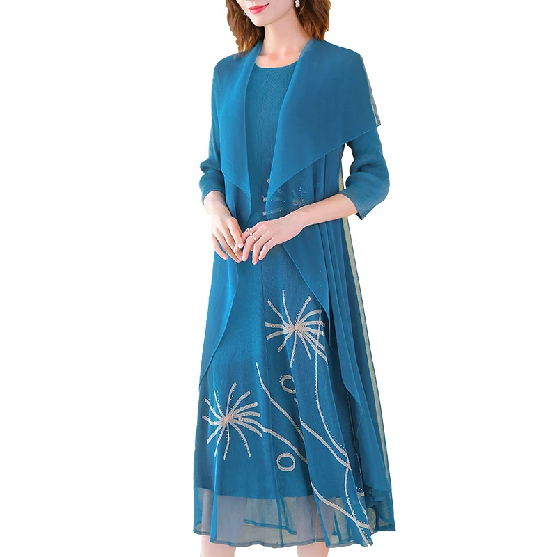 

Plus Size Faux Two Piece Dress For Women 45-75kg Spring Autumn New Round neck 3/4 Sleeve Elastic Loose Miyake Pleated Dress