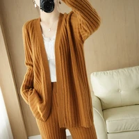 autumn and winter new drawstring wool two piece womens loose v neck fashion cardigan wide leg pants light luxury knitted suit