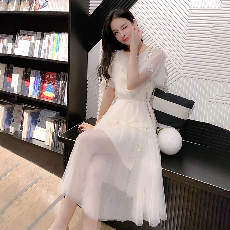 

Женское повседневное платье, Сетчатое платье с коротким рукавом и вышивкой, комплект из двух предметов, лето 2021