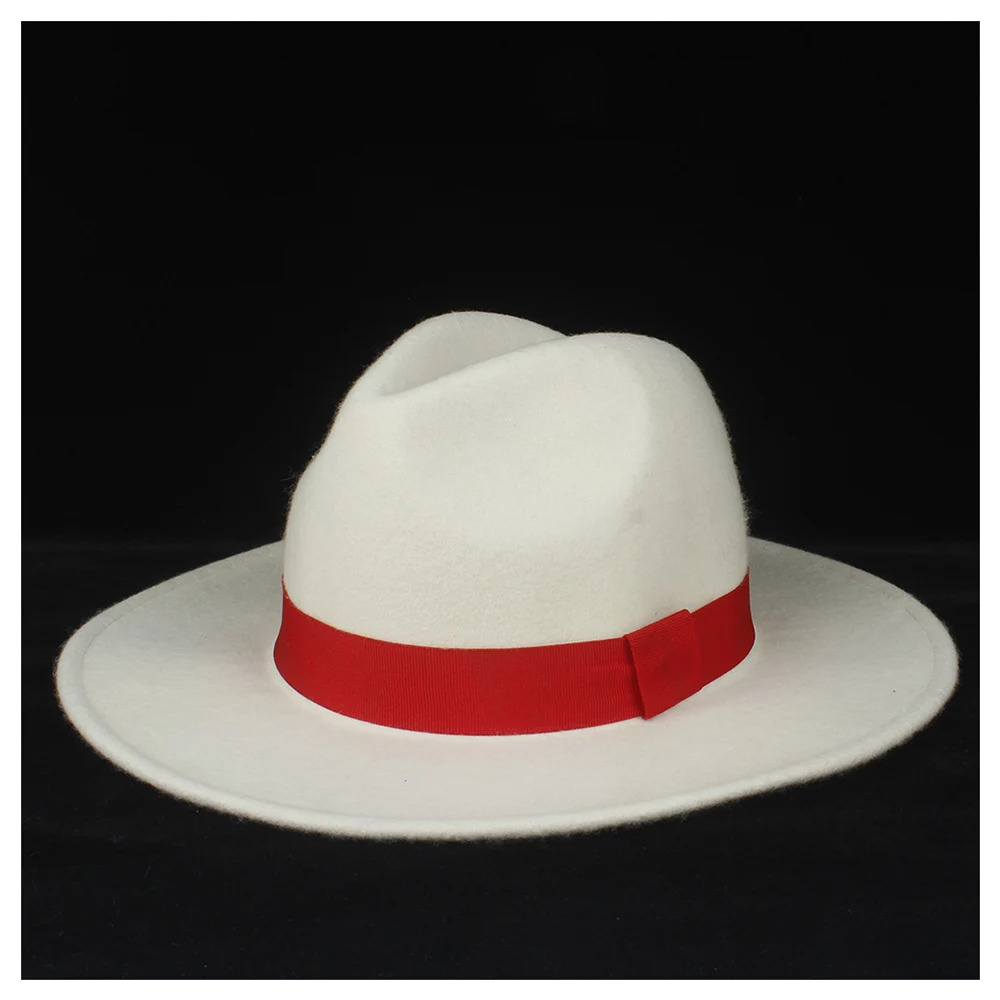 100% шерсть Подлинная женская белая шляпа-федора с красной лентой элегантные