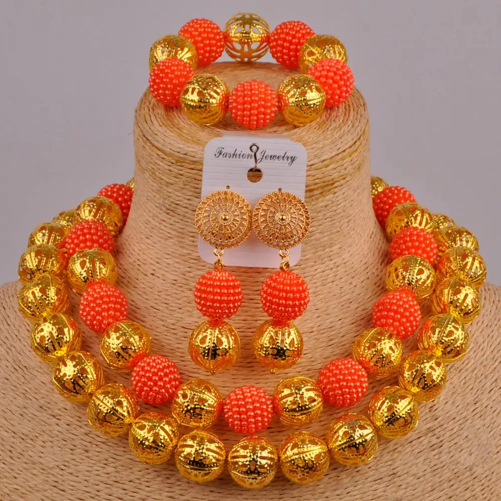 Оранжевый костюм с искусственным жемчугом ожерелье Африканский комплект