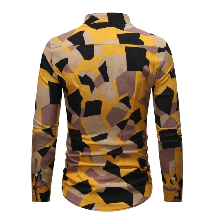 Мужская льняная рубашка с воротником стойкой желтая камуфляжная на пуговицах