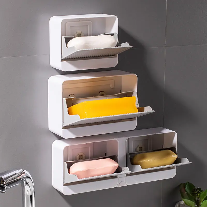 

Wall-mounted Soap Dish Bathroom Storage Drain Rack Soap Box Hook Plastic Box Creative Flip Cover No Trace Sticker Free Punch