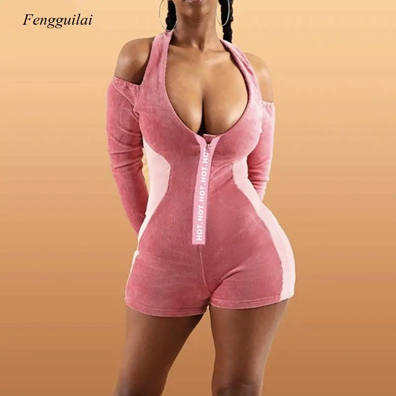 

Autumn Spring 2021 New Women's Splicing Letter Print Zipper Casual Velvet Bodysuit Shorts Jumpsuit