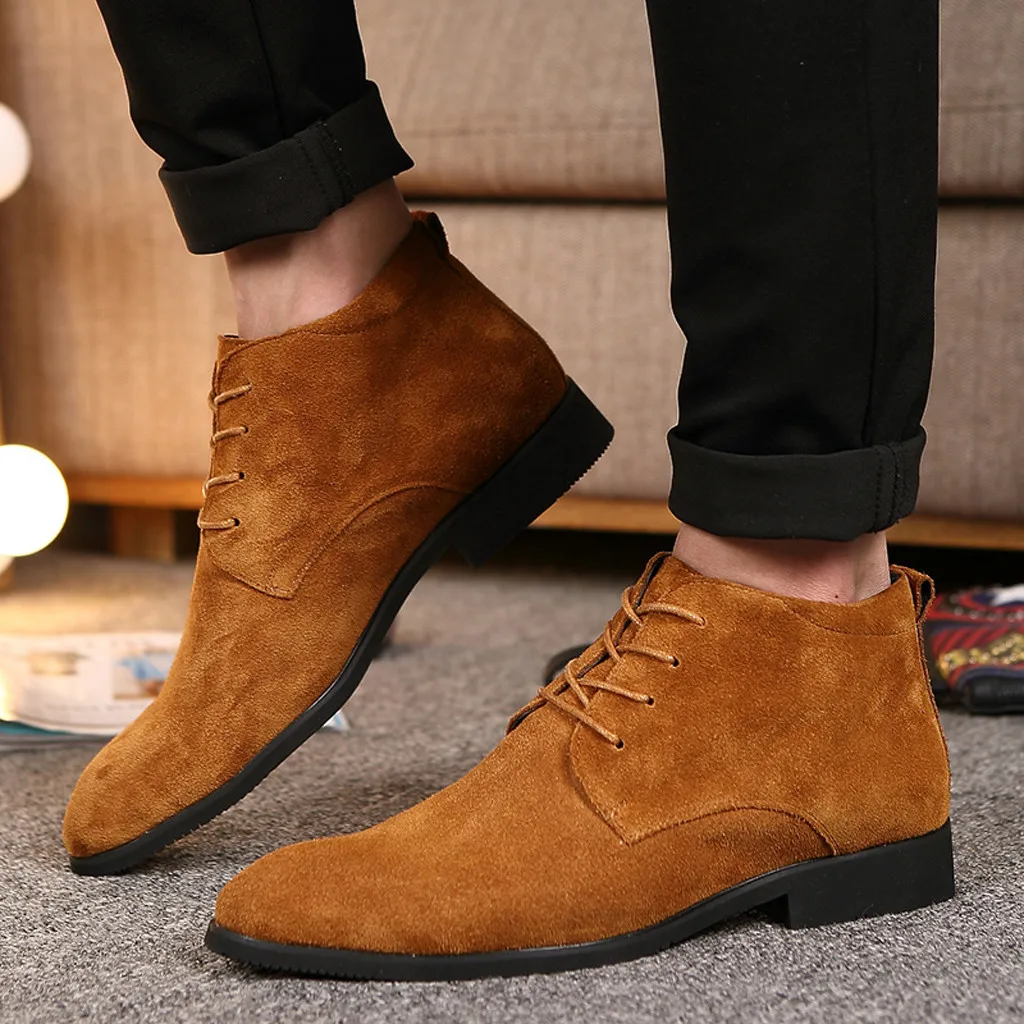 Men's Chelsea Boots Winter Suede Short Boot 2019 Mens Fashion Lace Up Strappy Ankle Shoes Low Heel Classic Botas Casual Warm | Обувь