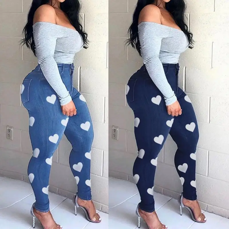 

Heart Print Jeans For Women Slim Skinny Bodycon Denim Jean Pantalon Femme Pencil Pants Trousers Plus Size XL-5XL