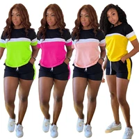 2022 two piece matching set women color lump short sleeve bodycon drawstring shorts sweat suit outfits lounge wear