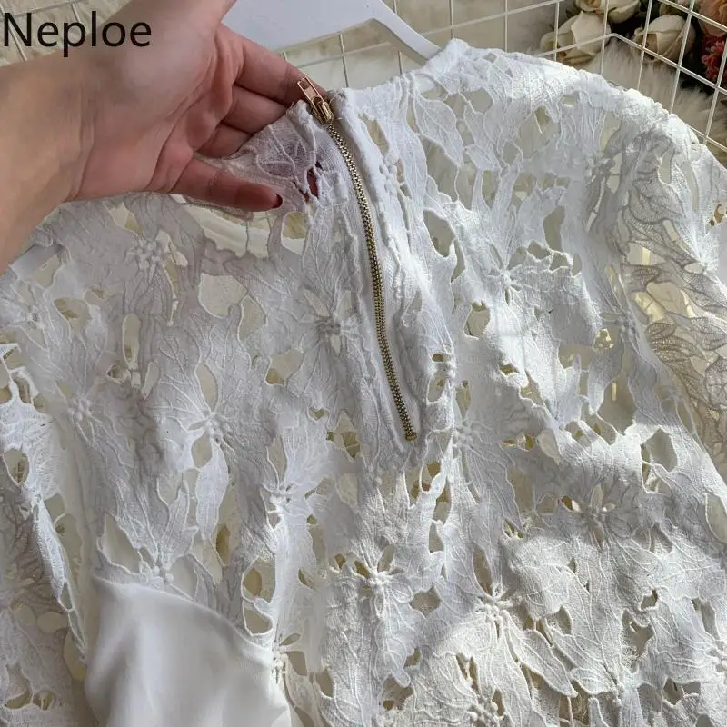 Neploe кружевная Асимметричная блуза, женские блузы с оборками, лоскутные Блузы с коротким рукавом, Облегающая рубашка с круглым вырезом, 45175