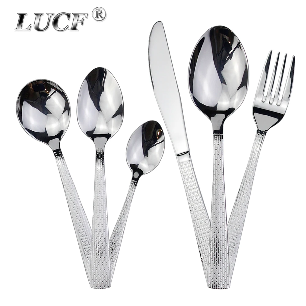 

Pretty Embossed Brick Pattern Cutlery Set 6 Utensils Mirror Stainless Steel Round Spoons Dishwasher Dinnerware Easy Matching