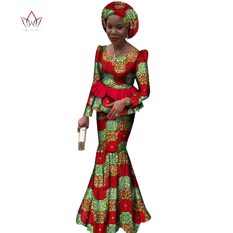 2021 New african dresses for women 2 pieces suit african traditional clothing dashiki robe femmes print cotton wax BRW WY1863