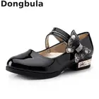 Туфли детские кожаные для девочек, черные, с бабочками и стразами, на низком каблуке, для вечерние, танцев, 2021