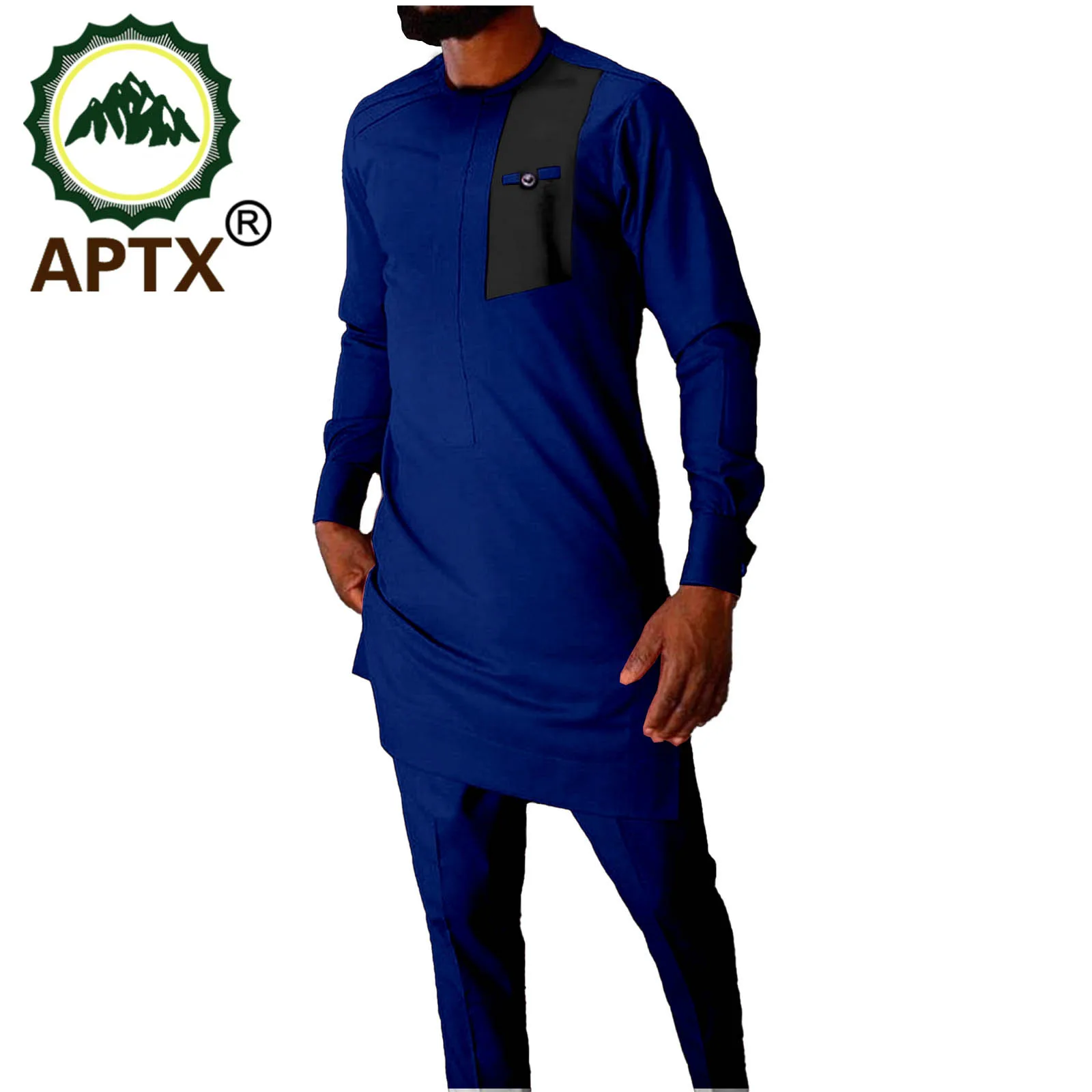 African Clothes For Men Rich Bazin Bicolor Style Splicing Crew Neck Robe Long Sleeve Traditional Top And Pants Contracted Set