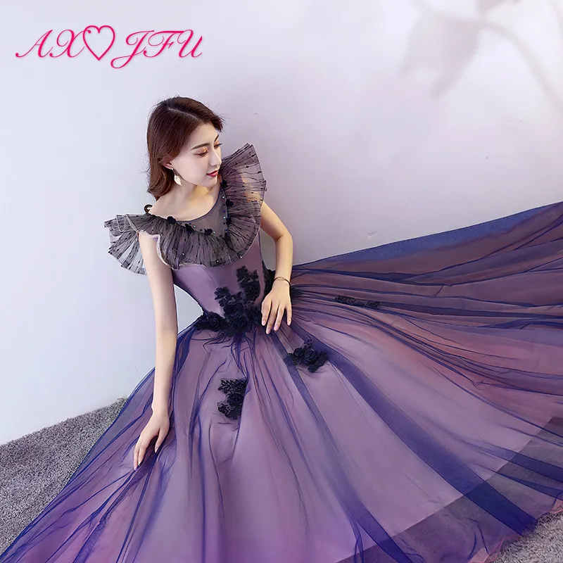 

AXJFU princess purple lace bride evening dress vintage o neck beading ball gown stage host ruffles violet flower evening dress