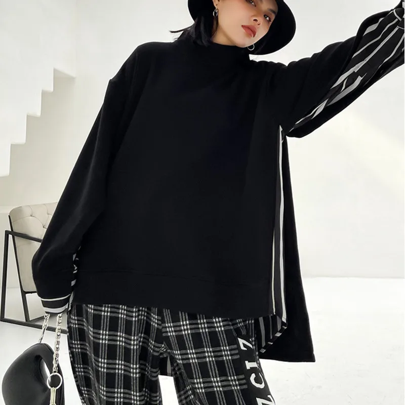 

XUXI Spring Autumn 2021 Women Sweater Fashion Stitching Long Sleeves Streetwear O-Neck Pullovers Plus Velvet Thickening FZ3519
