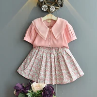 childrens clothing 2022 summer new girl sweet organza ruffled collar puff sleeve shirt floral pleated skirt suit kids clothes