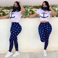 t shirt pants mask women three piece set 2020 summer short sleeve o neck tops and print trousers leggings casual set new