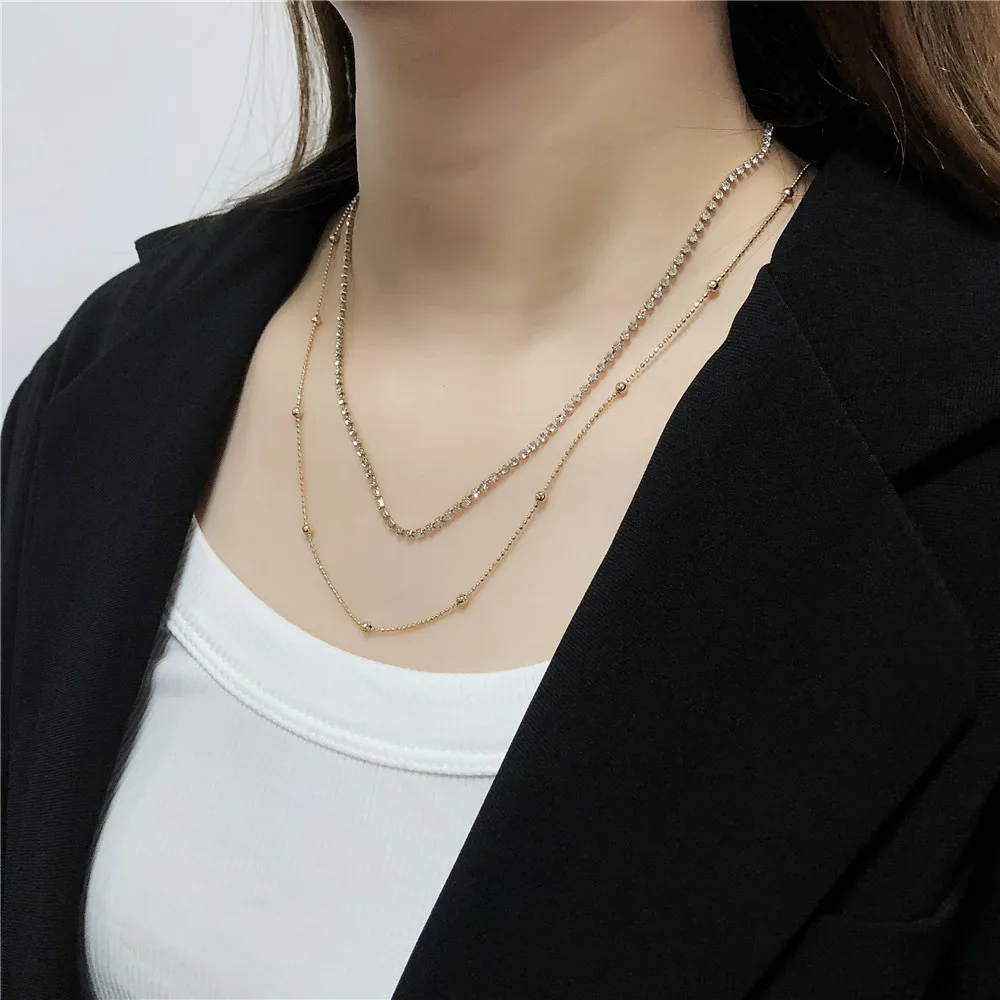 

Double Layers Gold Color Crystal Chain Necklace for Women Fashion Beaded Chain Rhinestone Chain Female Necklace Jewelry Collar