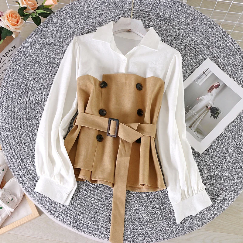 Женская блузка 2020 весна осень новые поддельные две рубашки женские 2019 корейский