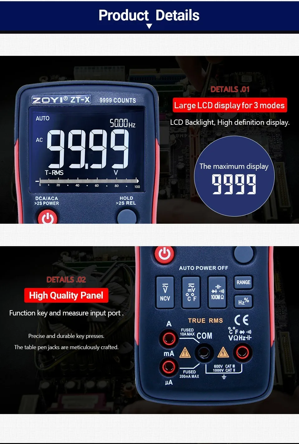 ZOYI ZT-X цифровой мультиметр с кнопкой ac dc Вольтметр ohmmet true rms мультиметр Авто диапазон+ 2 шт перезаряжаемая батарея+ зарядное устройство