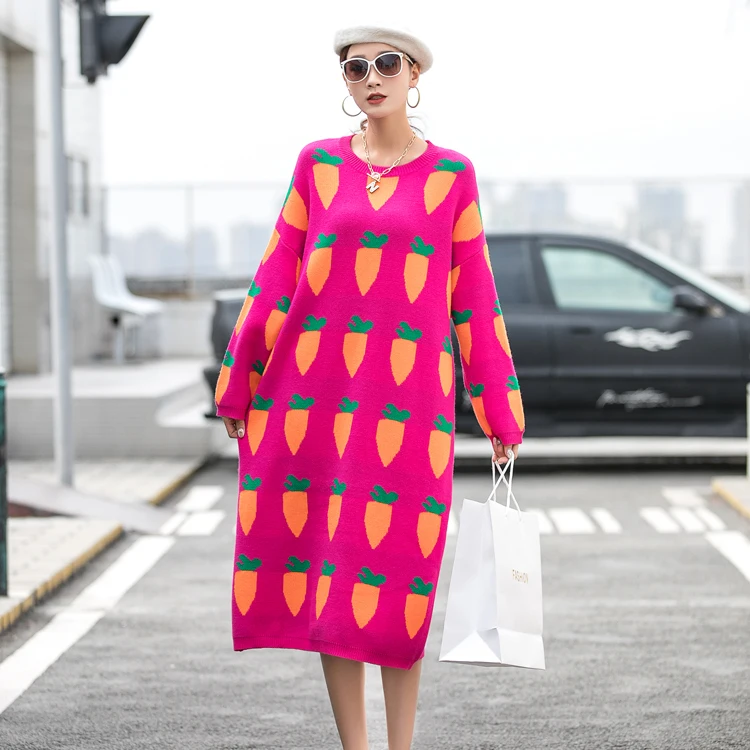 

QING MO Rose Red Women Carrot Printed Sweater 2020 Winter Women Knitted Pullovers Sweater Dress Oversized Sweater Dress ZQY5868