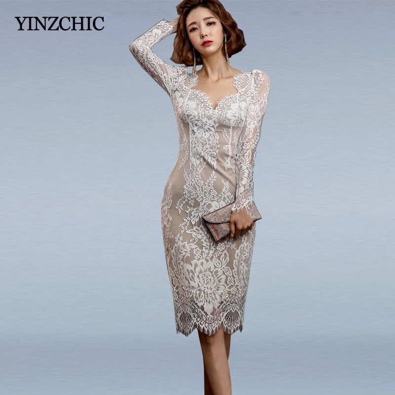 

Spring New OL Pencil Lace Mid Dress Irregular Color Ladies Elegant Party Dresses Full Sleeve Female Office Dress