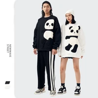 winter cute cartoon berber fleece 3d panda design oversize fluffy loose round long sleeve blouse for men women black white tops