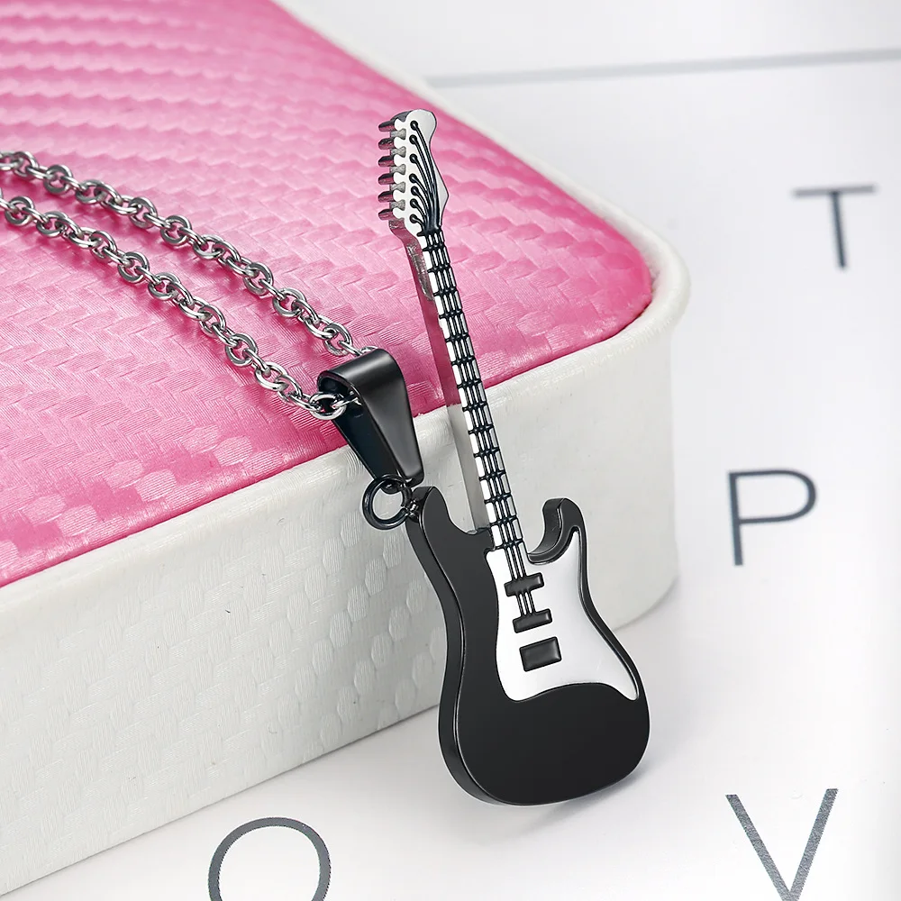 1pcs Trendy Leather Chain Guitar Necklace For Men Punk Rock Music Jewelry Gift Stainless Steel Pendant Wholesale | Украшения и