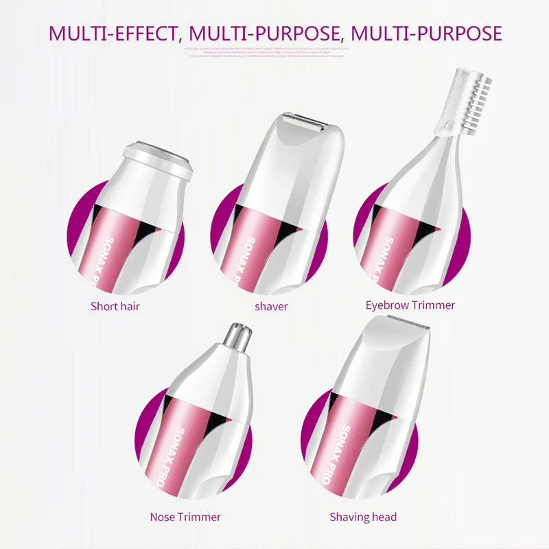 

SONAX PRO Portable Rechargeable 5 in 1 Rechargeable Female Hair Removal Tool Body Bikini Lip Epilator Shaver