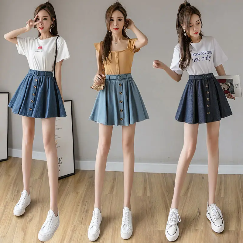

Korean Fashion Women Summer New Elastic High Waist Mini Skirt Breasted All-match Pleated Denim Skirts Jupe Femme 2022 Y64