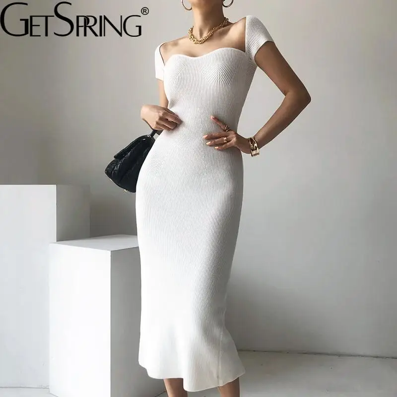 

Getspring Women Dress Square Collar Off Shoulder White Knitted Sweater Dresses Short Sleeve Sexy Long Knitted Dresses 2021 New