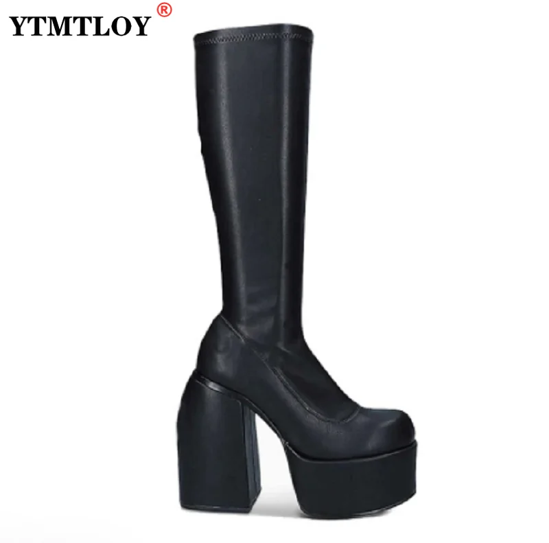 

HOT 2022 New Punk Style Platform Boots Elastic Microfiber Shoes Woman Spice Mid -Calf High Heels Black Thick Platform Long Knee