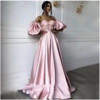 pink sweetheart neck caftan satin evening dresses flowers short sleeve arabic special occasion dresses evening party gowns