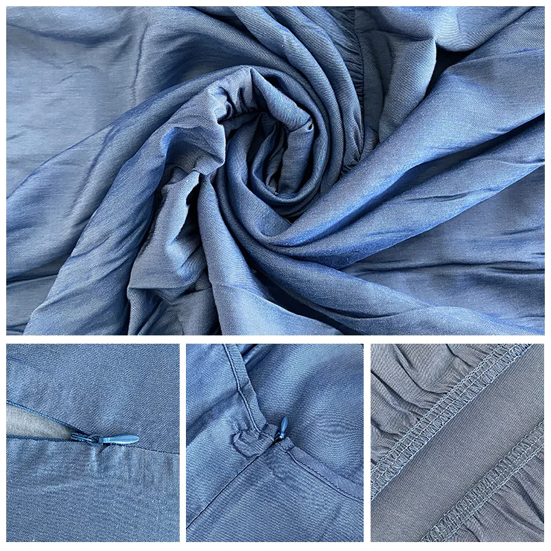 

2021 New Summer Maxi Dress Women Plus Size Solid Blue O-neck Pleated Cake Loose Large Size Big Swing Lantern Long Sleeve Dresses