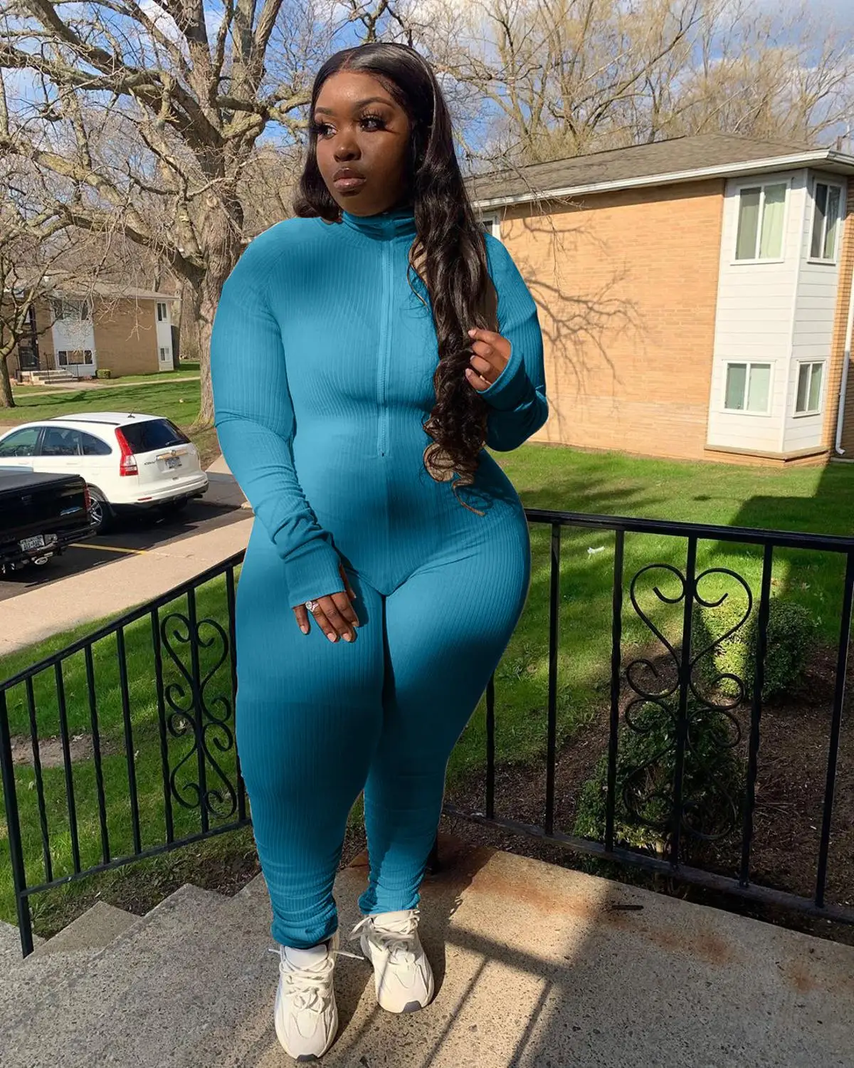 

Plus Size Women Solid Jumpsuits L-4XL Autumn Long Sleeves Zipper Crew Neck Stretchy Skinny Rompers New Arrivals 2020 High Qualit