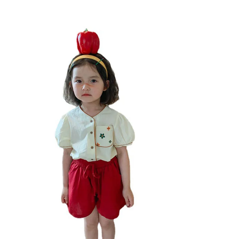 

Children's wear 2021 summer new girls' suit small and medium girls' baby shirt + shorts two piece baby clothes 4-13