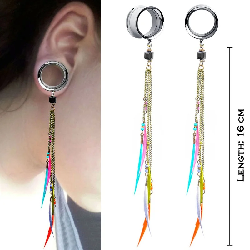 

2Pieces Ear Piercing Surgical Steel Body Jewelery Earrings Ear Plugs Tunnels Ear Expansions Ear Reamer Feather Tassel Dangle